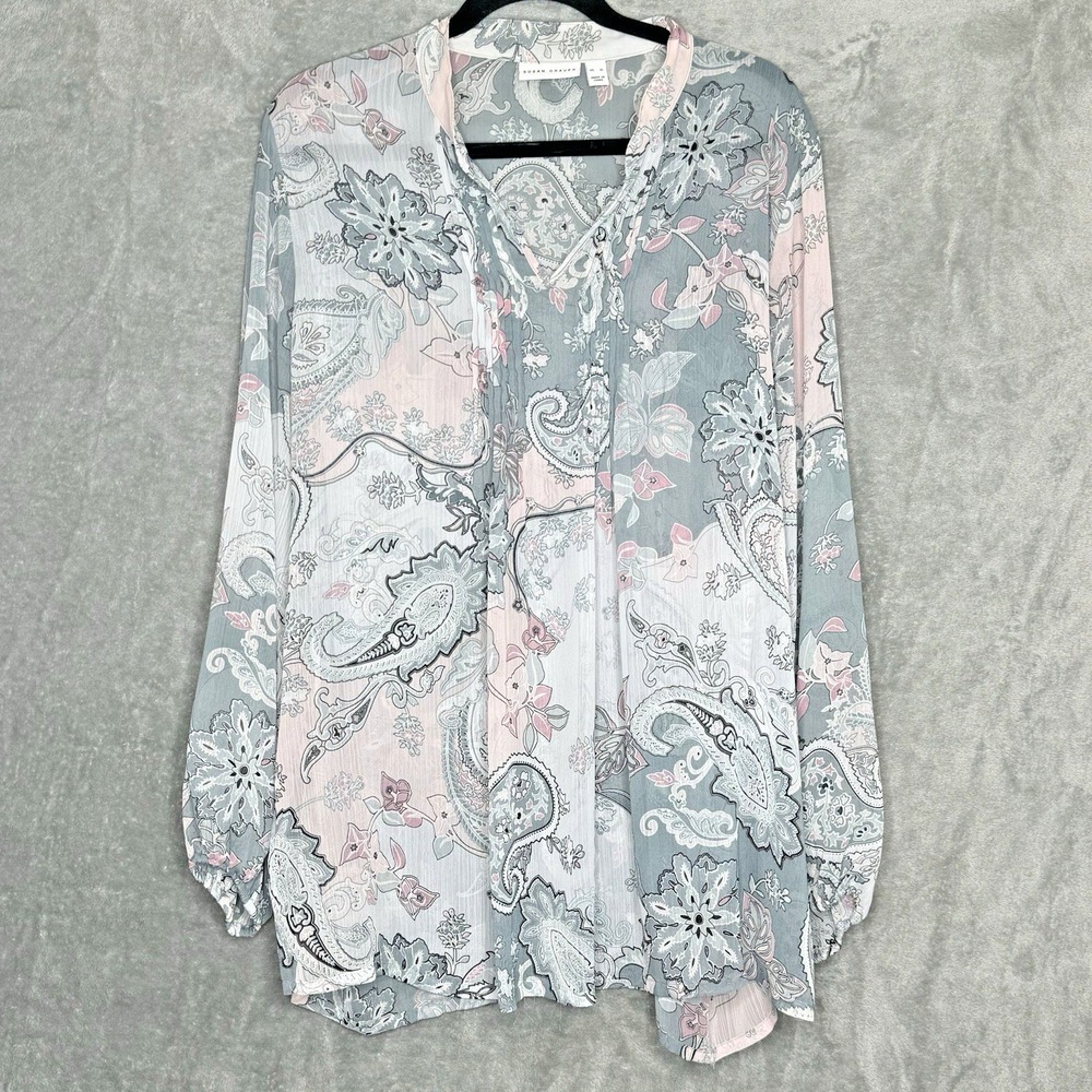 Susan Graver XL Shirt Top Gray Paisley Long Sleeve V Neck Sheer Lightweight
